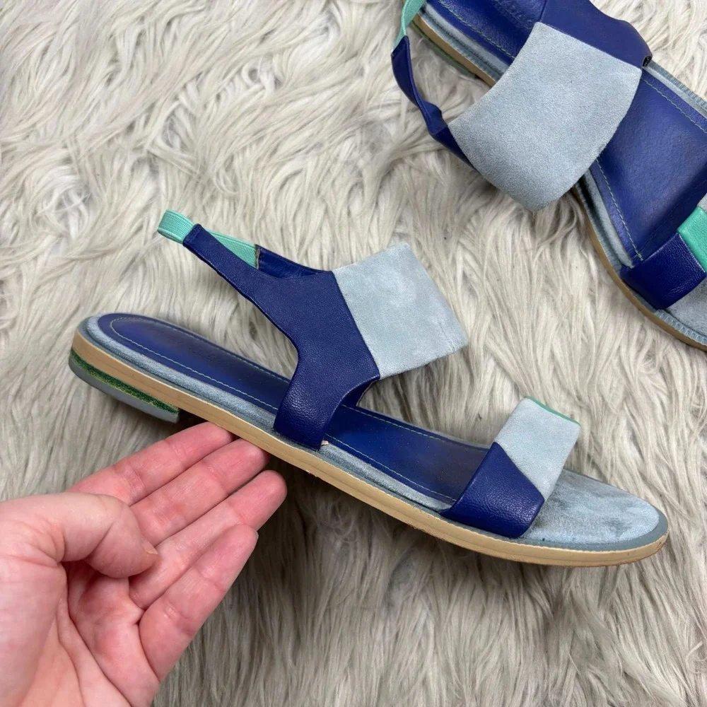 Kelsi Daggar Women's 7.5 Blue Patchwork Sling Back Sandals‎ Boho Resort Artsy